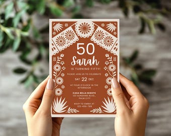 Invitation d'anniversaire Cielito Lindo Modèle de toile modifiable Fiesta mexicaine Invitation de fête en terre cuite Papel Picado Téléchargement numérique instantané