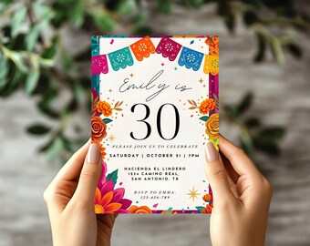 Floral Fiesta 30th Birthday Invitation Cielito Lindo Mexican Party Invite Papel Picado Editable Canva Template (Digital Download)