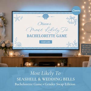 May include: A digital bachelorette game displayed on a television screen with a light blue and white coastal theme. The screen features the text Olivia's Most Likely To BACHELORETTE GAME, a Start Game button, and illustrations of seashells, starfish, and bells.