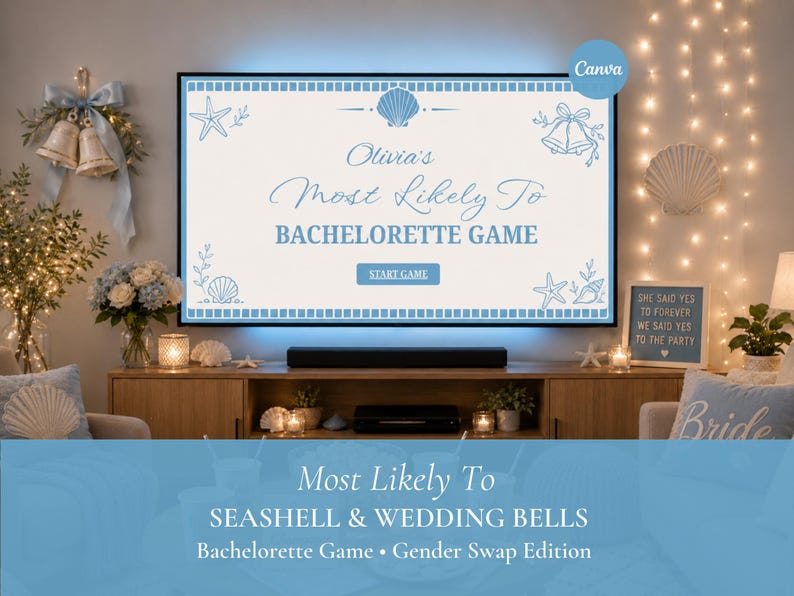 May include: A digital bachelorette game displayed on a television screen with a light blue and white coastal theme. The screen features the text Olivia's Most Likely To BACHELORETTE GAME, a Start Game button, and illustrations of seashells, starfish, and bells.