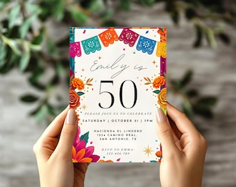 Cielito Lindo 50th Birthday Invitation Editable Mexican Fiesta Invite Papel Picado Floral Canva Template Milestone Birthday