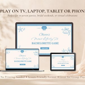 May include: A digital bachelorette game titled Olivia's Most Likely To displayed on a computer monitor, a laptop, and a tablet. The screen interface features a light blue and white coastal theme with seashell and starfish illustrations.