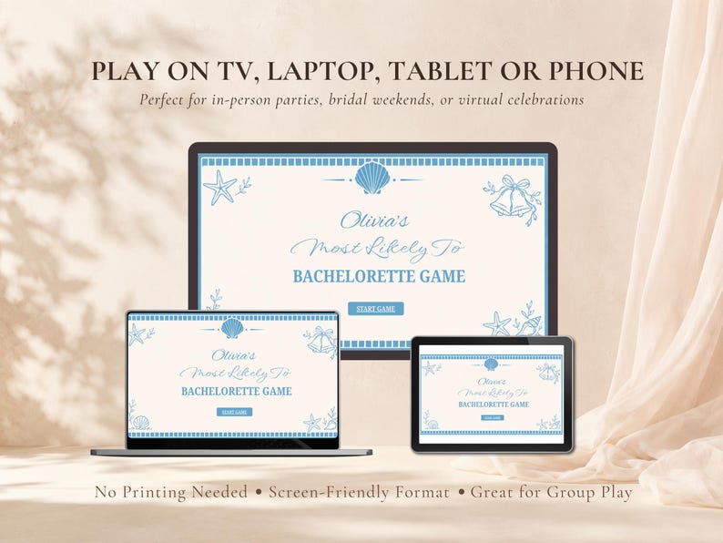 May include: A digital bachelorette game titled Olivia's Most Likely To displayed on a computer monitor, a laptop, and a tablet. The screen interface features a light blue and white coastal theme with seashell and starfish illustrations.