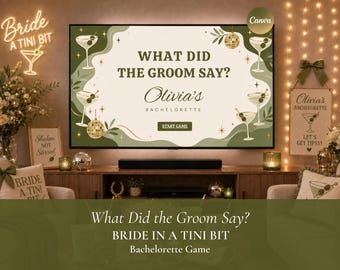 Könnte beinhalten: Ein digitales Junggesellinnenabschiedsspiel auf einem Fernsehbildschirm mit dem Text What Did the Groom Say? und Olivia's Bachelorette. Der Bildschirm zeigt Martini-Glas-Illustrationen, Discokugeln und grüne abstrakte Formen auf einem cremefarbenen Hintergrund.