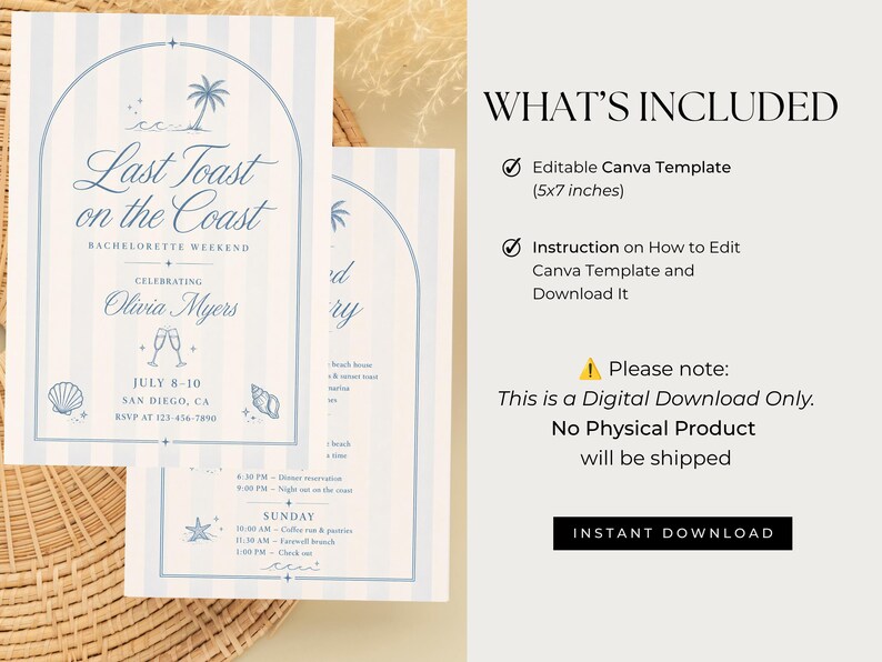 Last Toast on the Coast Bachelorette Invitation and Itinerary Template Beach Bach Weekend Invite Coastal Canva Girls Trip Schedule image 8