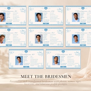 May include: A digital template titled MEET THE BRIDESMEN featuring eight individual profile cards with blue seashell borders. Each card includes a placeholder for a photo, occupation, location, red flag, green flag, pick-up line, and signature move for groomsmen.