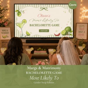 May include: A digital bachelorette game displayed on a television screen titled Olivia's Most Likely To BACHELORETTE GAME, featuring illustrations of margaritas, limes, and a chili pepper, with a start button and a light green striped border.