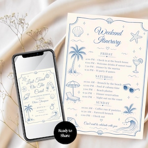 May include: A printed weekend itinerary and a smartphone displaying a matching event invitation. Both feature blue line art of palm trees, seashells, starfish, and waves on a cream background. The text includes "Weekend Itinerary" and "Last Toast On The Coast" with event schedules and details.