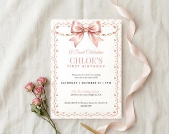 Coquette Pink Bow 1st Birthday Invitation Floral First Birthday Invite Editable Girl Birthday Party Template Printable (Digital Download)