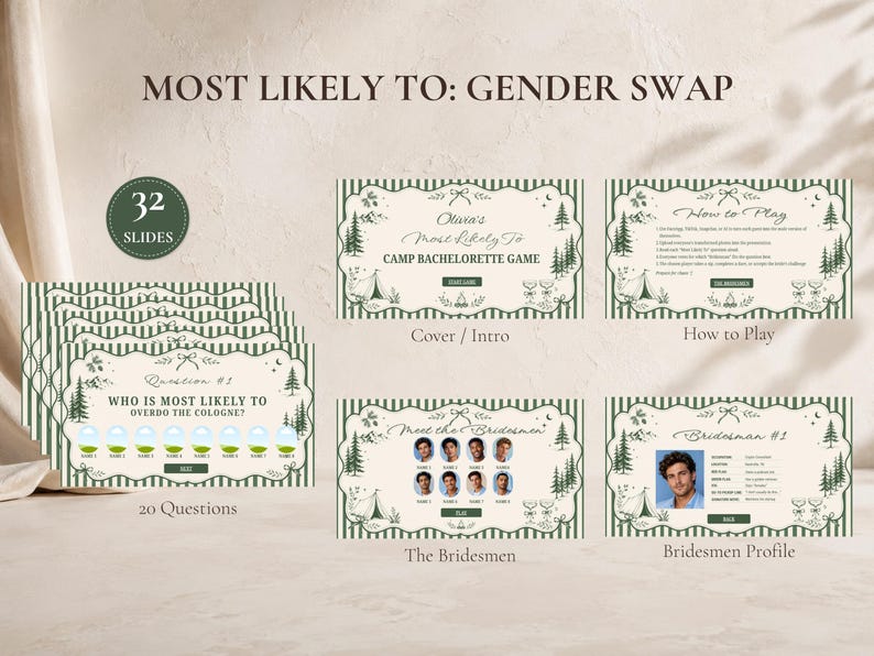 May include: A digital game set titled Most Likely To: Gender Swap featuring 32 slides with a forest theme. The slides include a cover, instructions, 20 question cards with space for names, a Meet the Bridesmen slide, and a Bridesmen profile template.