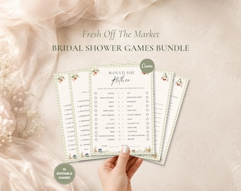 May include: A bridal shower games bundle featuring multiple printed cards with a light green gingham border and floral accents. The central card displays the text Would She Rather with a list of choices, checkboxes, and a space for a name and score.