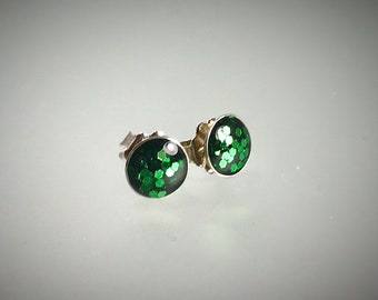 Sterling silver bauble resin studs in emerald green metal flakes