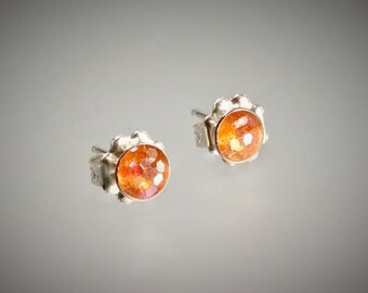 Sterling silver bauble stud earrings in large metal orange resin