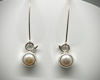 Sterling Tiny Freshwater Pearl Earrings on long Ear Wires