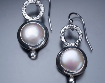 Sterling hammered circle earrings with Freshwater Coin Pearls
