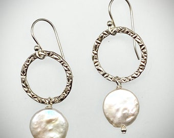 Sterling silver medium size circle earrings with white freshwater pearl