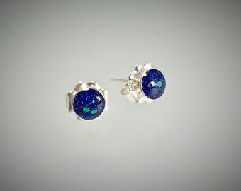 Sterling silver bauble stud earrings in large metal blue sparkle resin