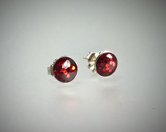 Sterling silver bauble stud earrings in large metal cherry red resin
