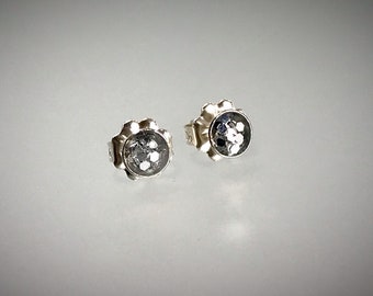 Sterling bauble stud earrings with a large metal flake charcoal gray resin