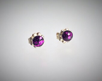 Sterling silver bauble stud earrings in large metal flake grape resin