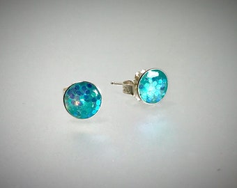 Large Light Turquoise Metal Flake Resin Post Earrings