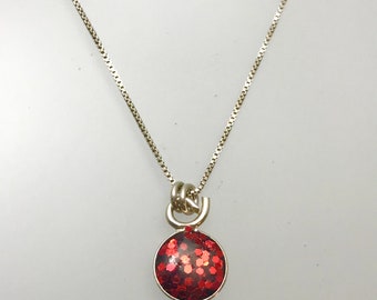 Tiny sterling silver large cherry red glitter and resin necklace