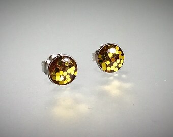 Sterling silver stud bauble earrings with large metal flake gold resin