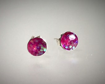 Sterling silver bauble stud earrings with large metal flake orchid resin