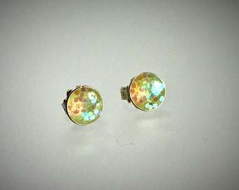 Sterling silver a bauble stud earrings in a large metal flake green/yellow resin