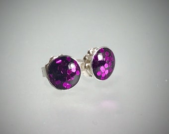 Sterling silver bauble stud earrings with large metal flake grape purple resin