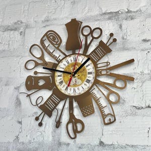 Sewing Tools Gold Vinyl Record Clock, Craft Room Decor, Sewing Wall Art, Upcycled Decoration, Gifts for Seamstress, Christmas Gift For Mom