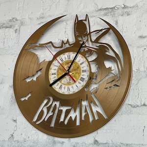 Dark Knight Gold Vinyl Record Wall Clock, Superhero Wall Decor, Upcycled Vinyl Art, Comic Book Fan Gift, Geek Room, Man Cave, Home Theater