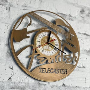 Fender Telecaster Gold Vinyl Record Clock, Guitar Wall Art, Upcycled Vinyl Record Decor, Music Room, Studio Decoration, Guitarist Gift