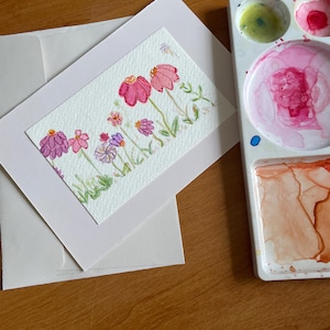 Tarjeta de felicitación única hecha a mano con acuarela y tinta, en blanco para su propio mensaje.
