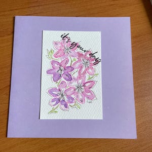 Tarjeta de felicitación única hecha a mano con acuarela y tinta, en blanco para su propio mensaje.