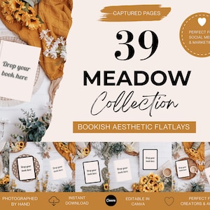 Może przedstawiać: Stylizowane zdjęcie typu flatlay z tekstem "39 Meadow Collection Bookish Aesthetic Flatlays". Obraz zawiera książkę z tekstem "Drop your book here", słoneczniki i inne elementy dekoracyjne. Zaprojektowane dla mediów społecznościowych i marketingu.