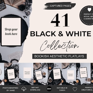 Könnte beinhalten: Ein digitales Grafikdesign mit einer Schwarz-Weiß-Sammlung von ästhetischen Buch-Flatlays. Das Design enthält den Text "41 Black & White Collection" und "Drop your book here". Das Bild enthält auch eine Schreibmaschine, Kerzen und Bücher.
