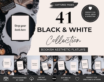 May include: A digital graphic design showcasing a black and white collection of bookish aesthetic flatlays. The design includes the text "41 Black & White Collection" and "Drop your book here". The image also includes a typewriter, candles, and books.