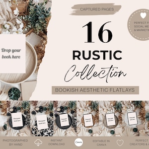 Puede incluir: Imagen de presentación de 16 flatlays estéticos y rústicos con temática de libros. La imagen incluye un libro con el texto "Drop your book here", junto con elementos decorativos. El texto en la imagen incluye "Captured Pages", "Rustic Collection" y "Perfect for Social Media & Marketing".