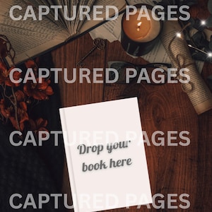May include: A white book with the text "Drop your book here" on a wooden surface, surrounded by an open book, a lit candle, glasses, and a decorative key. The scene has a warm, inviting aesthetic.