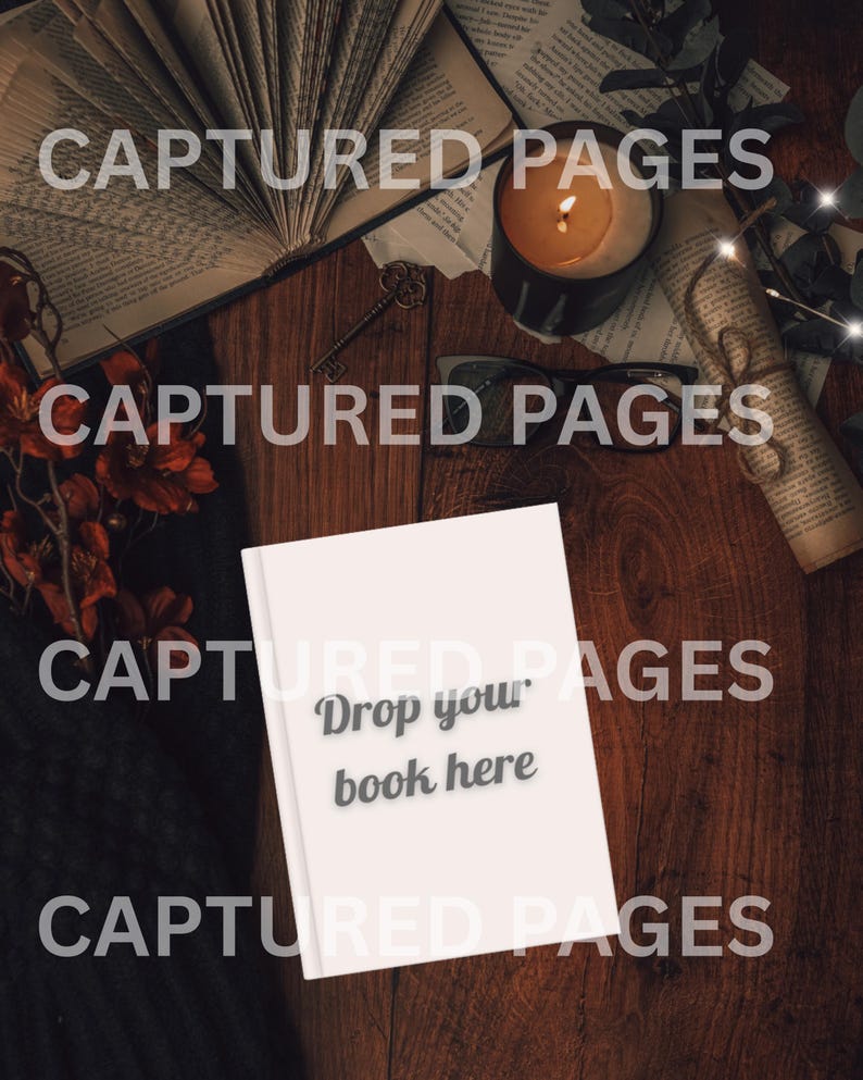 May include: A white book with the text "Drop your book here" on a wooden surface, surrounded by an open book, a lit candle, glasses, and a decorative key. The scene has a warm, inviting aesthetic.