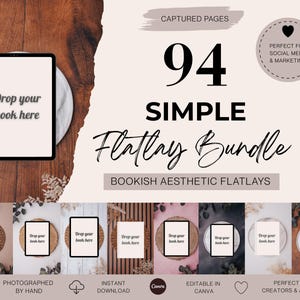 May include: A digital flatlay bundle with the text "94 SIMPLE Flatlay Bundle" and "Drop your book here" on a tablet. The image includes various aesthetic backgrounds and the text "Bookish Aesthetic Flatlays".