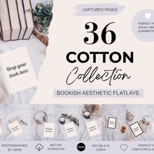May include: A flatlay image with a stack of books, a book with the text "Drop your book here", and other aesthetic items. The image includes the text "36 Cotton Collection" and "Bookish Aesthetic Flatlays". Designed for social media and marketing purposes.
