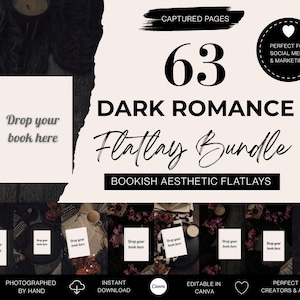 Op de afbeelding: Een flatlay-bundel met de tekst "Dark Romance Flatlay Bundle" en "Bookish Aesthetic Flatlays". De afbeelding bevat het nummer "63" en de tekst "Drop your book here" op een witte kaart. Perfect voor sociale media en marketing.