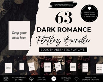 May include: A flatlay bundle with the text "Dark Romance Flatlay Bundle" and "Bookish Aesthetic Flatlays". The image includes the number "63" and the text "Drop your book here" on a white card. The image is perfect for social media and marketing.