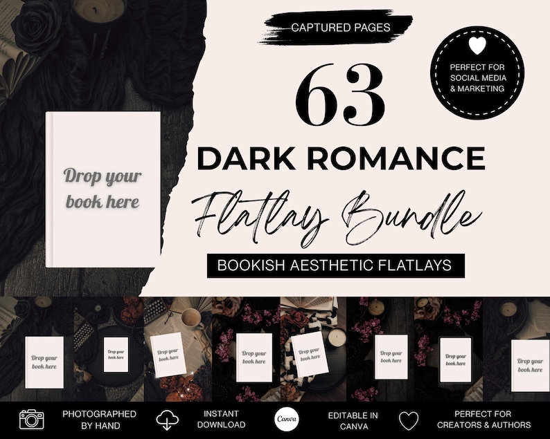 May include: A flatlay bundle with the text "Dark Romance Flatlay Bundle" and "Bookish Aesthetic Flatlays". The image includes the number "63" and the text "Drop your book here" on a white card. The image is perfect for social media and marketing.