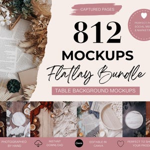 Puede incluir: Imagen promocional para un paquete de maquetas flatlay. La imagen presenta el texto "812 MOCKUPS Flatlay Bundle" con las palabras "Table Background Mockups" debajo. La imagen también incluye una variedad de fondos de mesa estilizados.