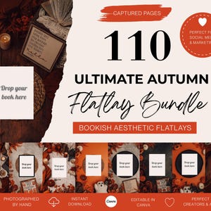 Puede incluir: Un paquete Ultimate Autumn Flatlay con 110 diseños estéticos para libros. La imagen presenta accesorios con temática otoñal, incluyendo calabazas, velas y un libro con el texto "Drop your book here". También se ve el texto "Captured Pages" y "Perfect for Social Media & Marketing".