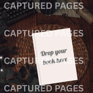 May include: A white book with the text "Drop your book here" sits on a woven mat. A lit candle in a black container, a vintage key, and a rolled-up paper are also visible on a dark wooden surface.