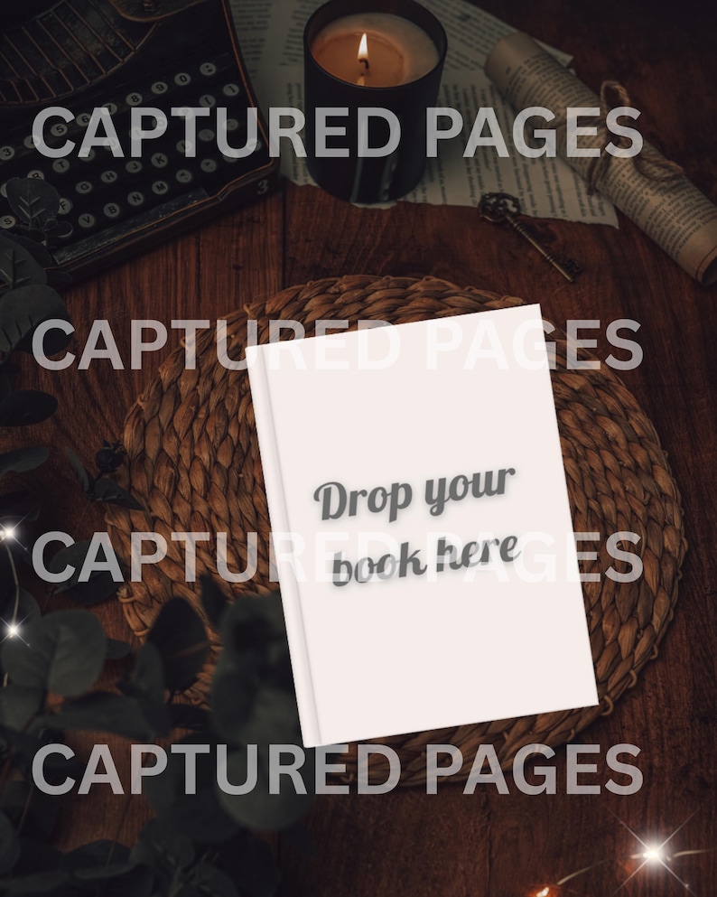 May include: A white book with the text "Drop your book here" sits on a woven mat. A lit candle in a black container, a vintage key, and a rolled-up paper are also visible on a dark wooden surface.